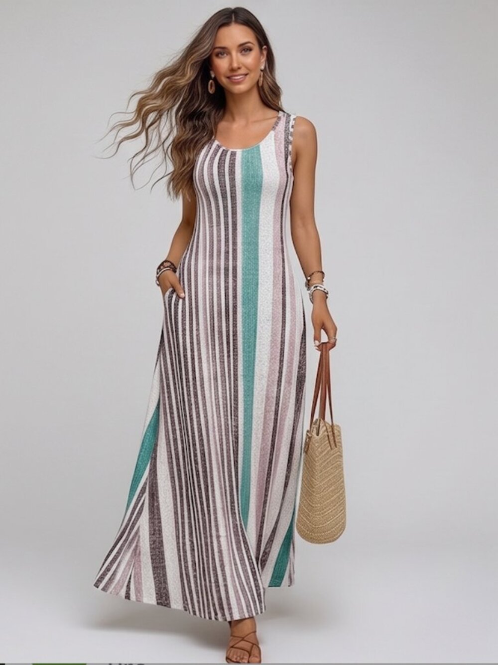 Boho Striped Round Neck Sleeveless Dress With Pockets Aqua Blue